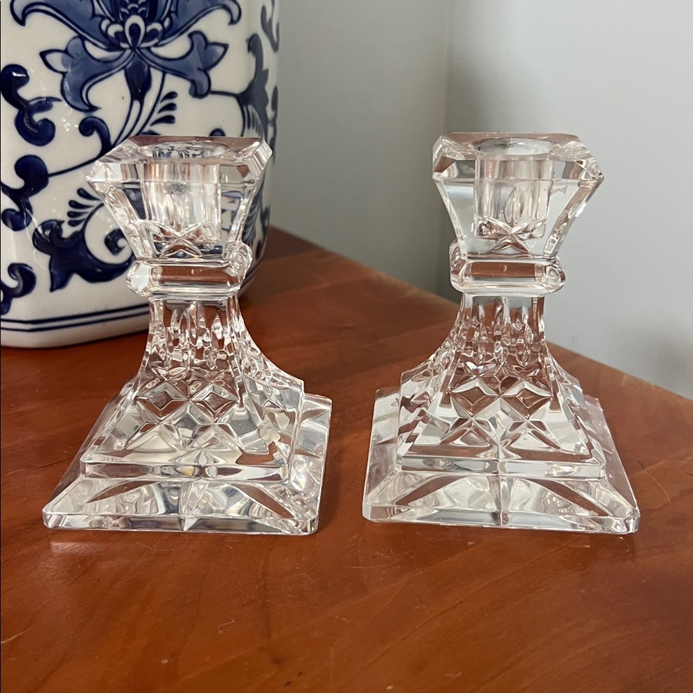 Pair Of Lismore Waterford Crystal Clear Candleholders 4 Inches Tall Vintage MCM